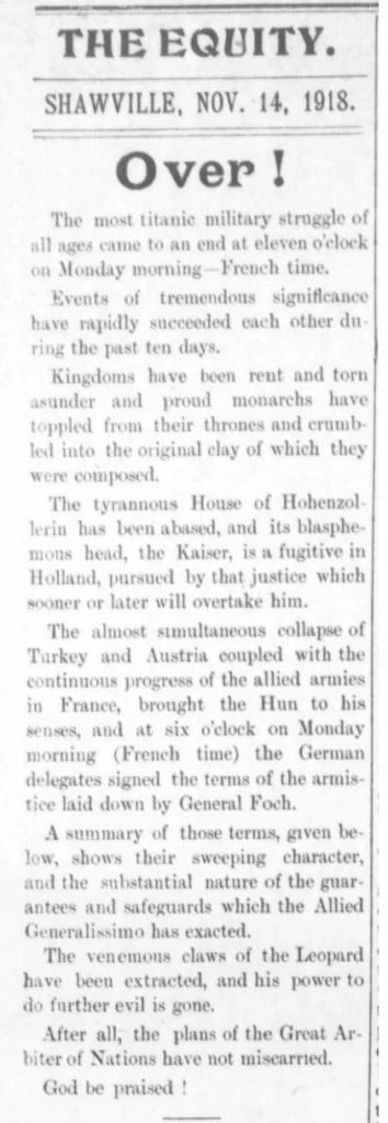 End of War Announcement in The Equity, November 14, 1918