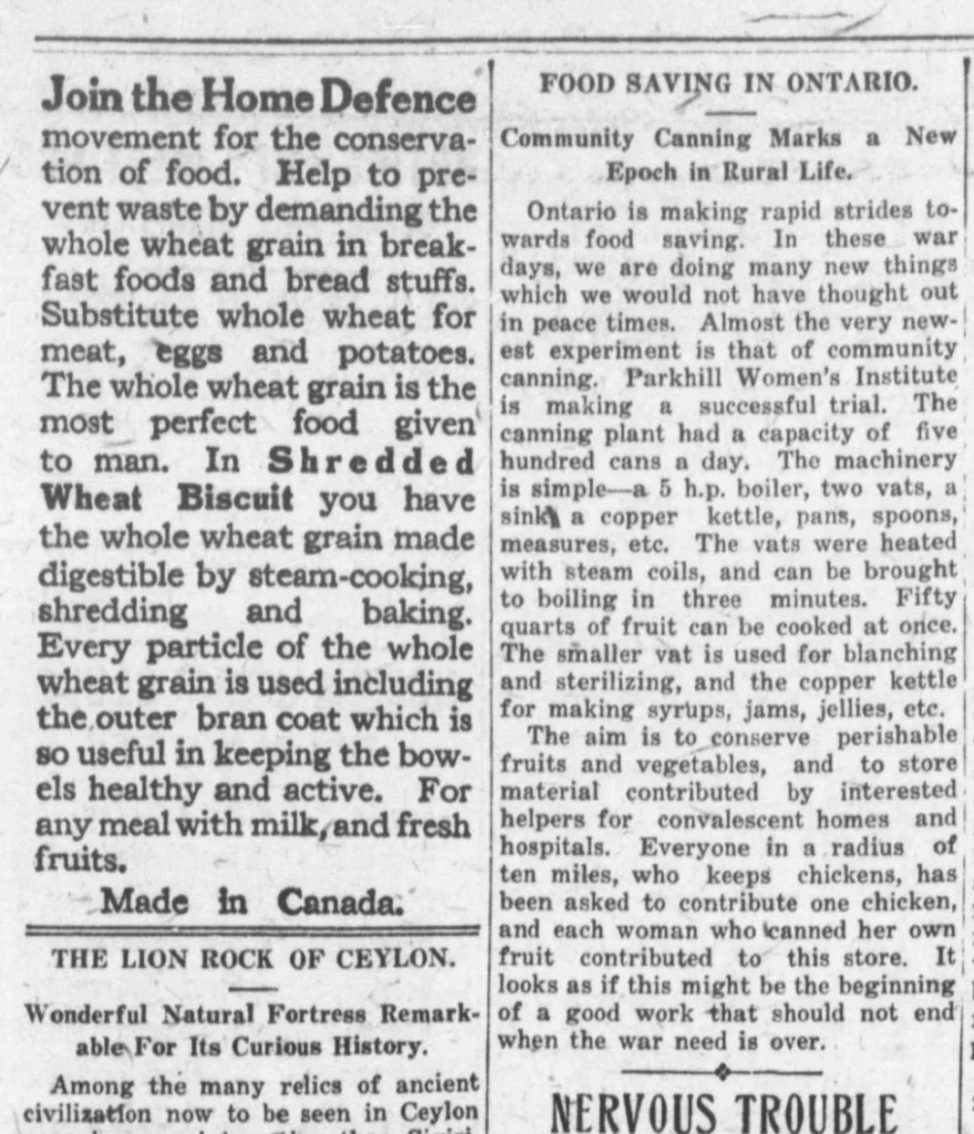 Advertisements and news content both put a focus on conservation for the war effort, as demonstrated here in The Equity, October 1914.