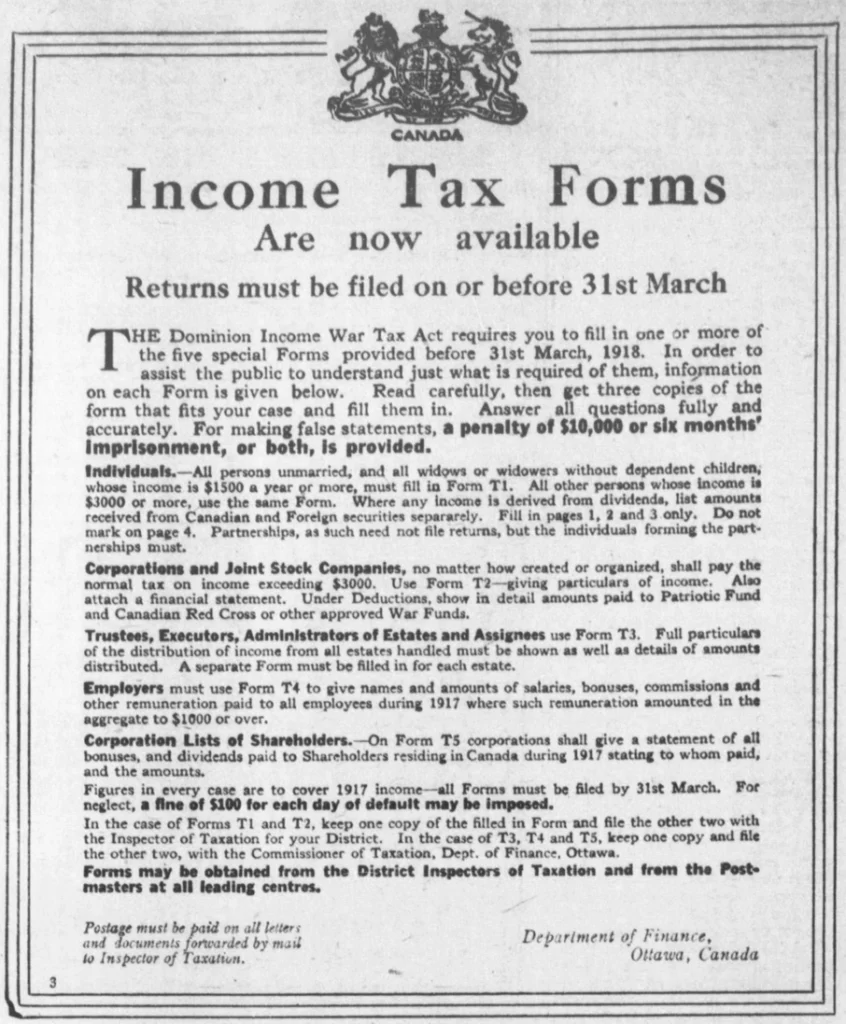 Reminder about the first income tax, printed March 21st, 1918.