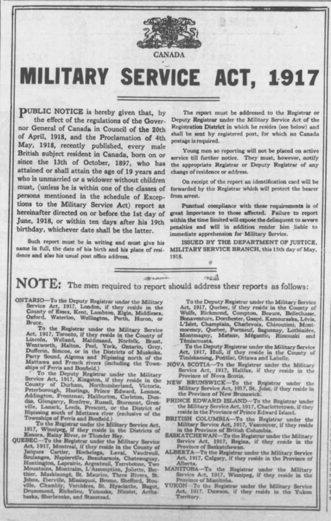 Government of Canada ad outlining the draft. May, 1918.