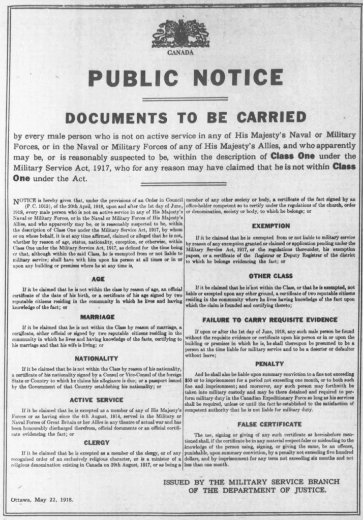 Advertisement requiring men who weren't drafted to carry paperwork. June, 1918.