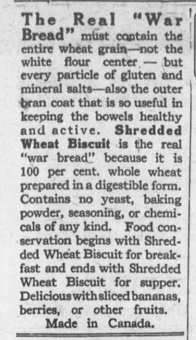 Advertisement for Shredded Wheat, July 1917